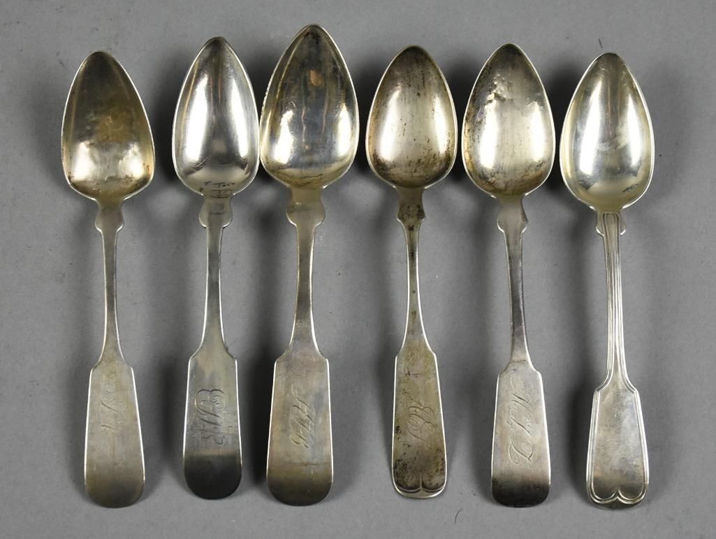 c1850 Coin Silver Fiddleback Teaspoons, Many Marked (1 of 5)