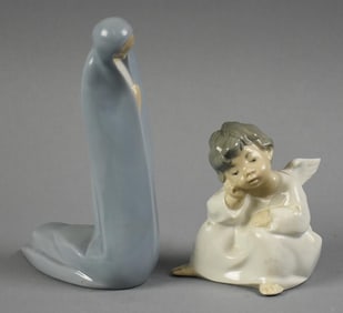 Lladro Porcelain Virgin Mary & Angel Thinking Figurines