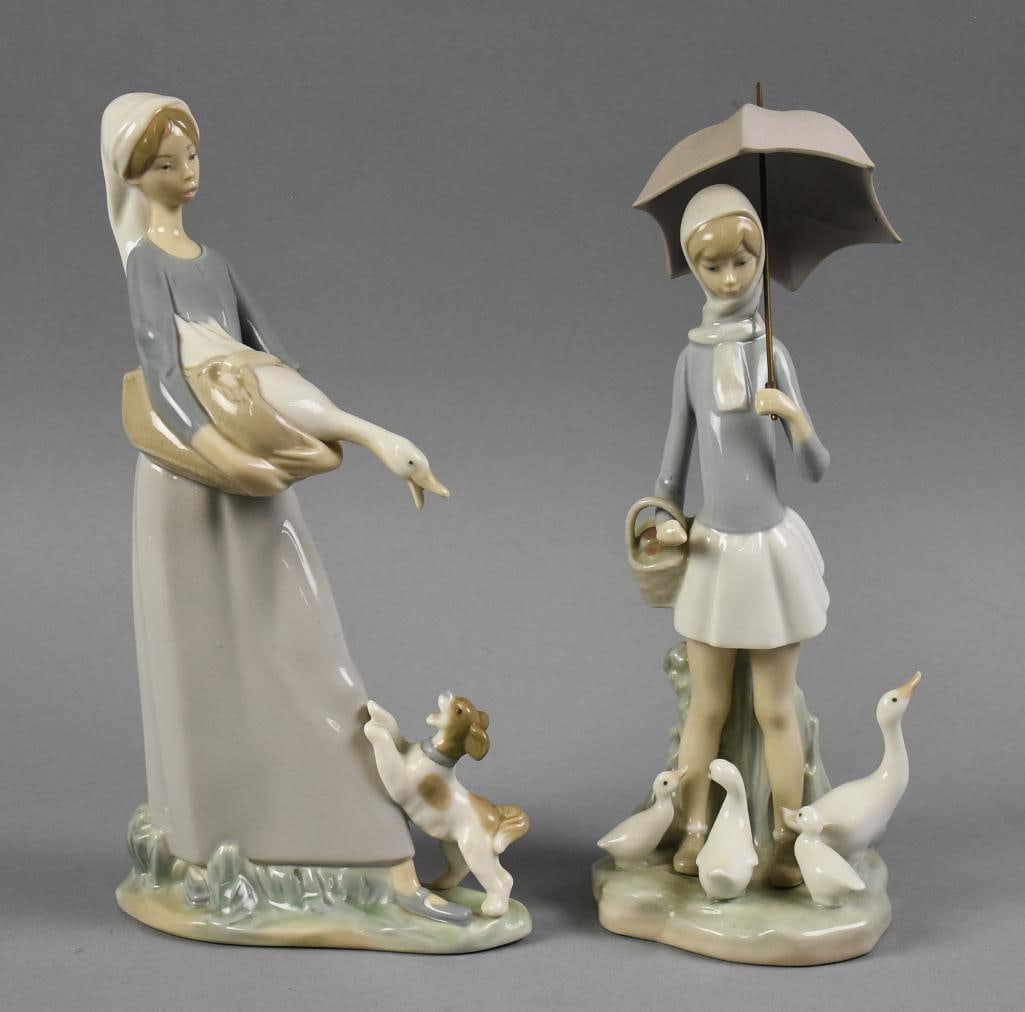 Vintage Lladro Porcelain Girls w/ Geese Figurines: Adorable vintage Lladro porcelain figurines. Lot includes Girl with Goose and Dog no. 4866 and Girl with Umbrella and Geese no. 4510. Each is approx. 10.5" tall.