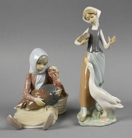 Lladro Porcelain Girl Feeding Goose, Girl with Turkey