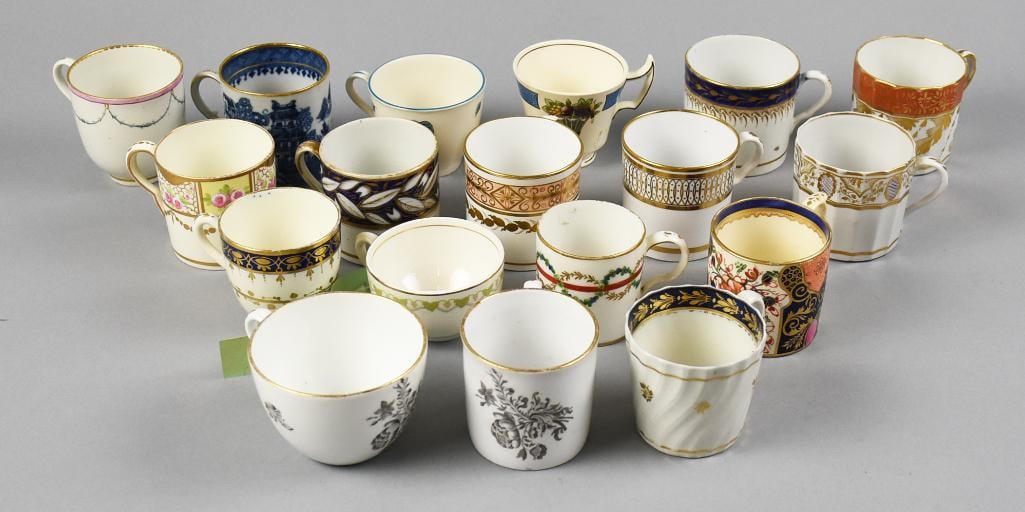 18th/19th Century English & French Porcelain Cups: There are 18 wonderful porcelain cups in this lot. The all appear to be French and English, maybe a Chinese piece. Includes Spode, Worcester, Wedgwood, New Hall, Limoges and more. Some pieces may not