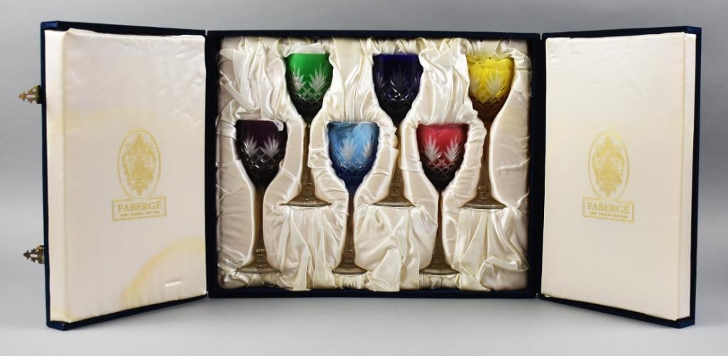 Faberge Cut to Clear Crystal Goblets, Original Box: Fabergé Set of Six Cut-to-Clear Crystal Wine Goblets, Neiman Marcus Exceptional boxed set of six Fabergé cut crystal wine goblets, each crafted in richly colored cut-to-clear crystal with intricate