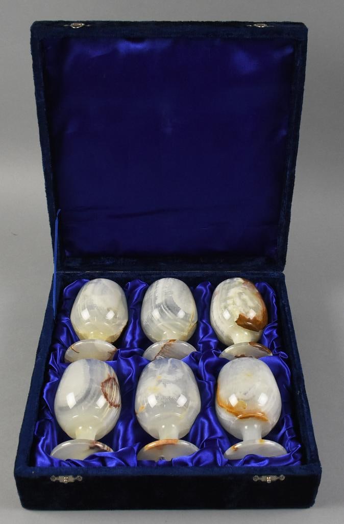 Pakistan Onyx Goblets in Original Box: Pretty set of new goblets that appear to be onyx. They appear to have never been used and come in their original presentation box.