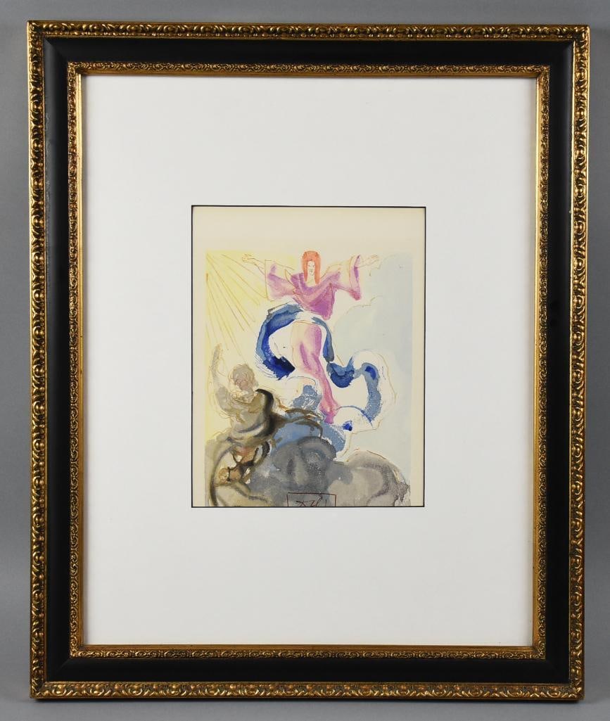 Salvador Dali Piccarda Donati Woodblock Print, COA: Wonderful 1964 woodblock print from artist Salvador Dali. This piece from the Devine Comedy series is called Piccarda Donati. Unsigned, it comes with a COA from America's Auction Network. Limited edit
