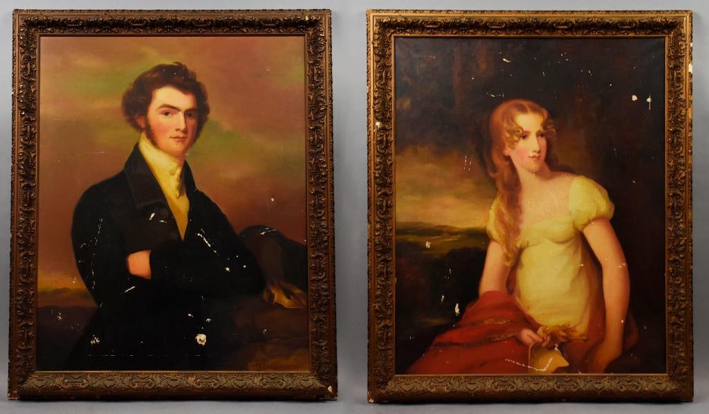 Thomas Sully Pair Of Portrait Paintings Identified: Pair of portrait paintings by American artist, Thomas Sully (1783-1872) of a married couple painted in 1818 in Philadelphia. These paintings come from a direct descendant of the sitters. The male is "