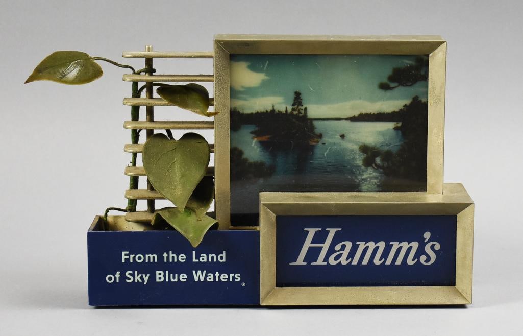 Vintage Hamm's Scene-O-Rama Countertop Advertising Sign: This very cool sign was designed by Lakeside Plastics for Theo. Hamm's Brewing Company. Believed to be a Scene-O-Rama, lighting up behind the lake scene. Sign also has plastic leaves that appear origi