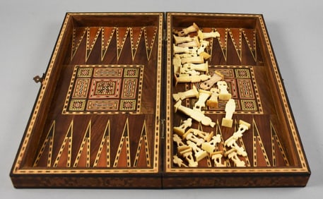 Vintage Syrian Parquetry Wood Backgammon, Chess Game