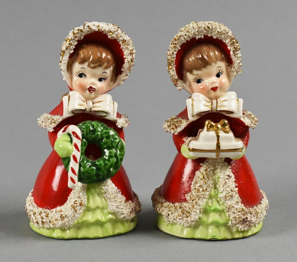 1956 Geo. Z Lefton Young Girl Christmas Bells: Adorable little bell figurines from Geo. Z. Lefton, dated 1956. These little girls have red overcoats over green dresses. One is holding a Christmas gift, another is holding a wreath with candy cane. 