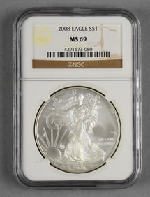 2008 American Silver Eagle $1 One Dollar Coin, NGC MS 69