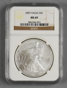 2007 American Silver Eagle $1 One Dollar Coin, NGC MS 69