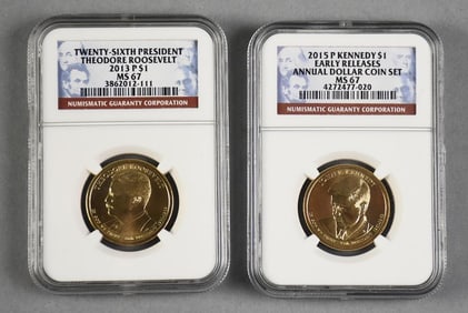 2013 Theodore Roosevelt, 2015 Kennedy $1 One Dollar NGC MS 67