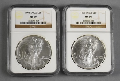 Pair 1992, 1993 American Silver Eagles - NGC Graded MS 69