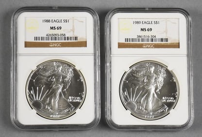 Pair 1988, 1989 American Silver Eagle - NGC Graded MS 69