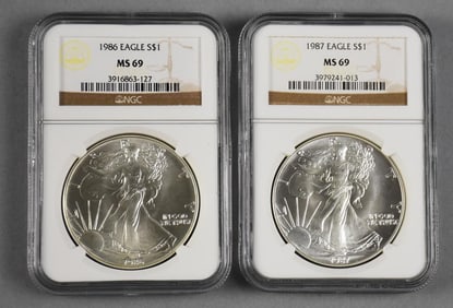 Pair 1986, 1987 American Silver Eagle - NGC Graded MS 69.