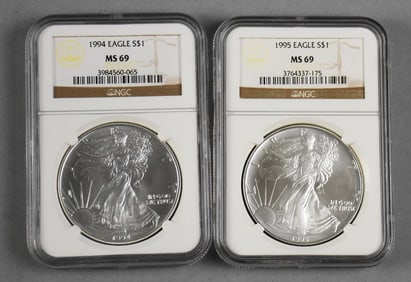 Pair 1994, 1995 American Silver Eagle - NGC Graded MS 69