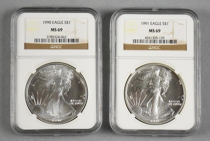 Pair 1990 and 1991 American Silver Eagle, NGC Graded MS 69