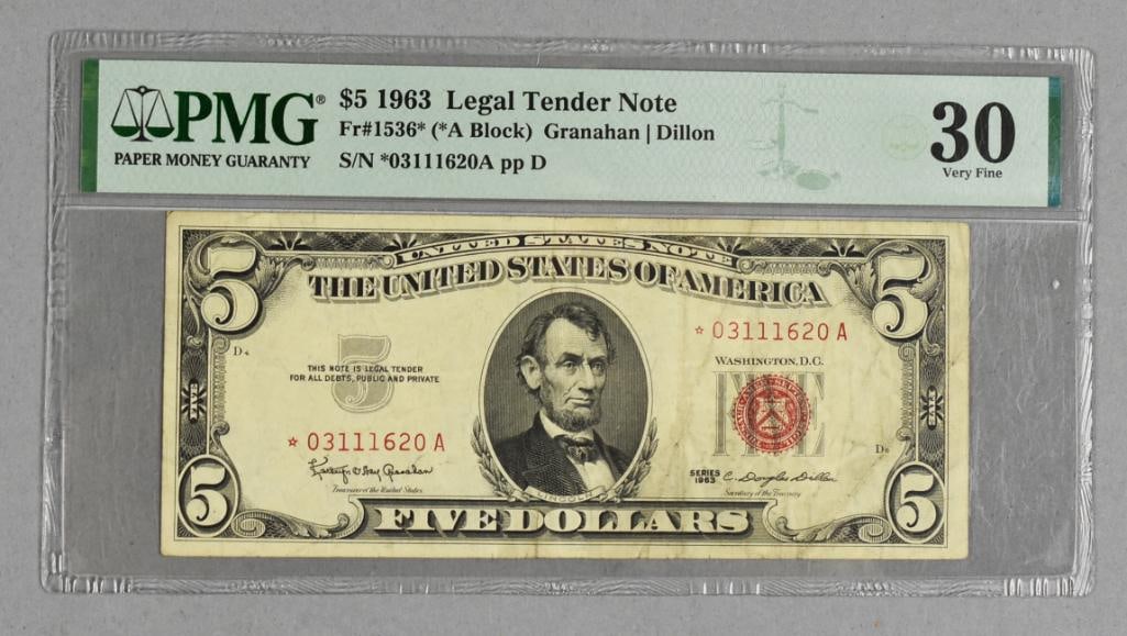1963 Five ($5) Legal Tender Note, Red Seal PMG 30 Very Fine: 1963 $5 bill, Serial number 03111620 A. Offered here is a 1963 $5 Legal Tender Note, cataloged as Fr. 1536, bearing the signatures of Granahan and Dillon. It is graded by PMG as 30 Very Fine, ensuring