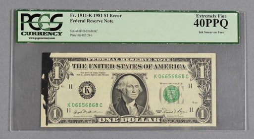 1981 One ($1) Dollar Federal Reserve Note, Error PCGS 40PPQ