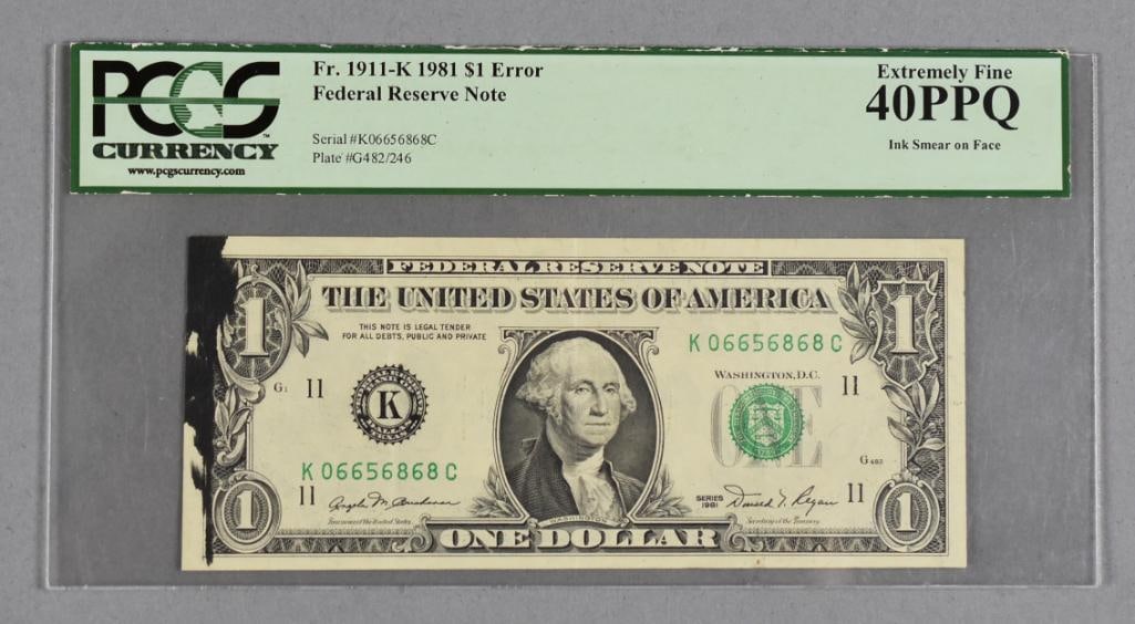 1981 One ($1) Dollar Federal Reserve Note, Error PCGS 40PPQ (1 of 2)