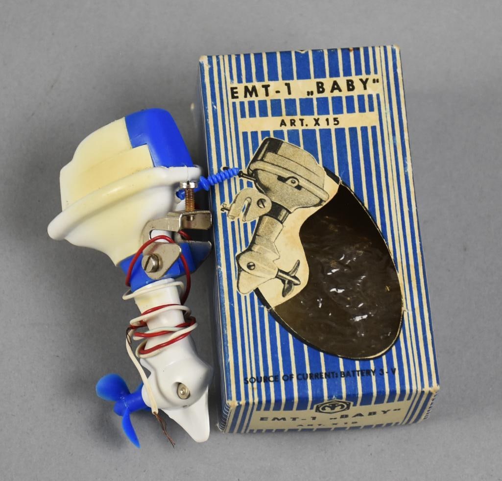 Vintage EMT-1 "Baby" Model Outboard Motor: Very cute model outboard motor. It is an EMT-1 "Baby" and operates on a 3 volt battery. Comes in the original box.