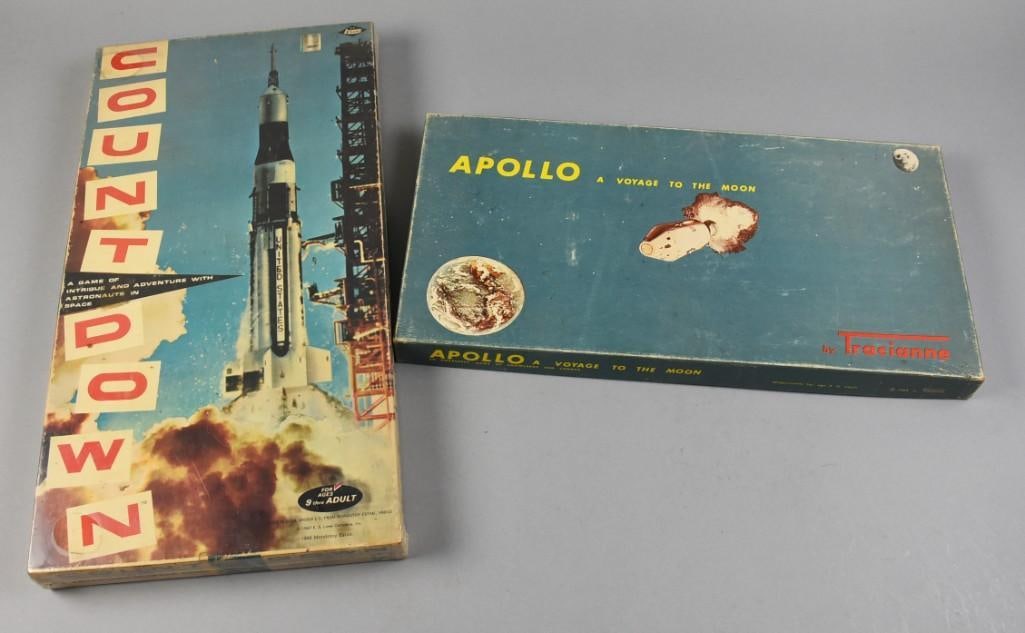 1967, 1969 Mondotoy & Tracianne Space Board Games: Great lot of vintage board games that are space oriented. This lot includes a 1967 Mondotoy?factory sealed Countdown Adventure in Space and a 1969 Tracianne?Apollo Voyage to the Moon board game which