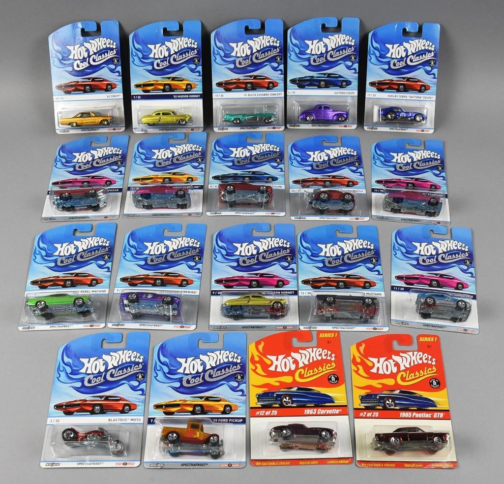 2000s Mattel Hot Wheels Classics & Cool Classics MOC NOS: Includes two Hot Wheels Classics and 17 Hot Wheels Cool Classics. No duplicates for a total of 19 cars. Single owner collection from the largest toy collector on the West Coast.