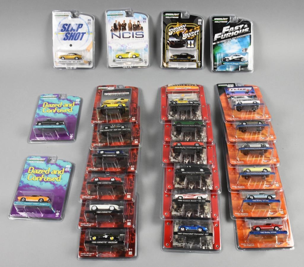 GreenLight Die Cast Hollywood and Muscle Cars MOC NOS: Lot is 24 pcs. This lot features a collection of die-cast models by GreenLight, including Hollywood-themed vehicles and muscle cars. Highlights include cars inspired by classic movies and television s