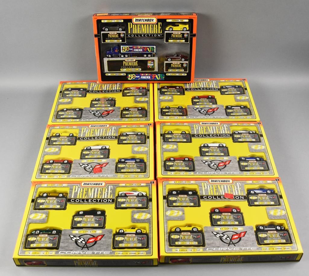 1996, 98 Matchbox Premier Collection Multi Packs-MIB-NOS: Lot is seven 1996, 98 Matchbox Premier Collection Multi Packs-MIB-NOS. Six boxes of Corvette and one 50 Years of Forever Fun. Single owner collection from the largest toy collector on the West Coast.