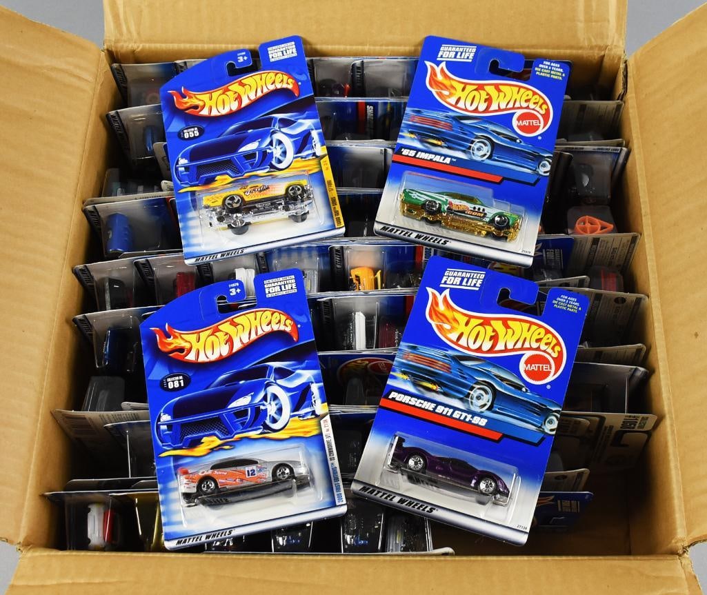 77 1990s-2000s Mattel Hot Wheels Diecast Factory Case MOC NOS: Counted 77 cars, case possibly not original, case appears to have only a small few duplicates. Single owner collection from the largest toy collector on the West Coast.
