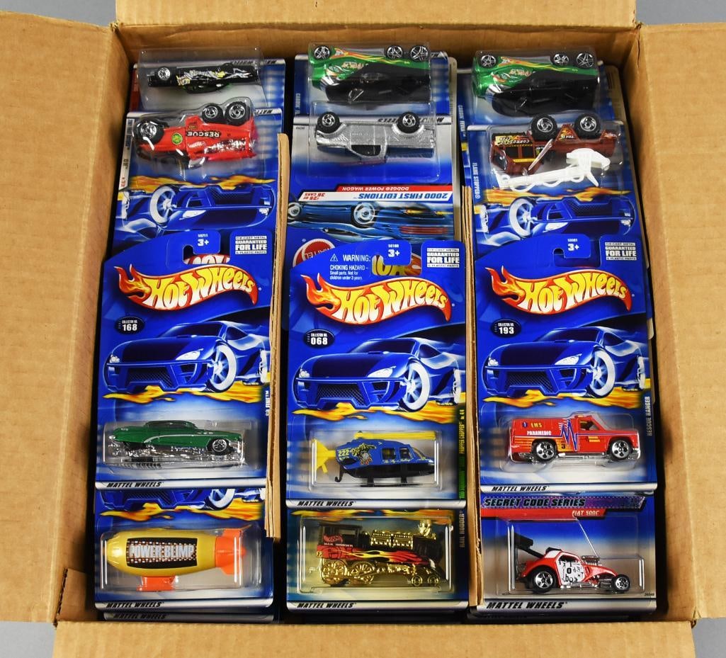 96 1990s-2000s Mattel Hot Wheels Diecast Factory Case MOC NOS: Counted 96, case not original. Virtually unsorted, may contain duplicates. Single owner collection from the largest toy collector on the West Coast.