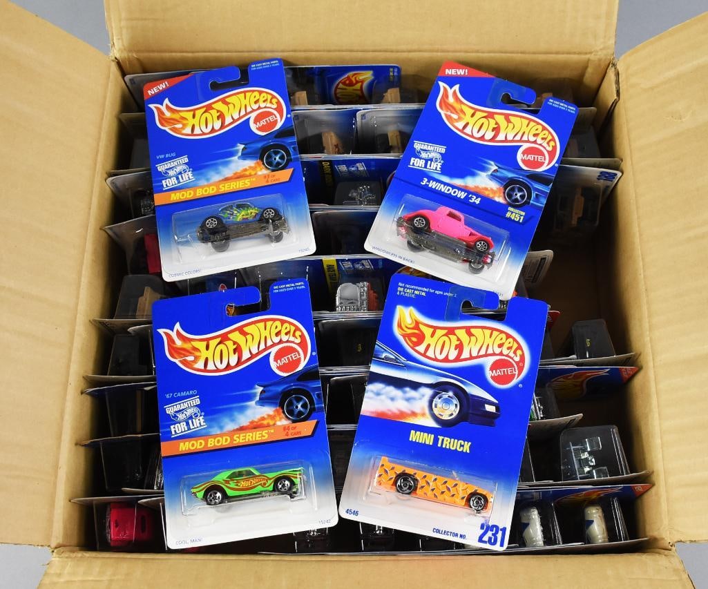 70 1990s Mattel Hot Wheels Factory Shipping Case MIB NOS: Counted 70 cars, case may be original with two missing. Case with duplicates. Single owner collection from the largest toy collector on the West Coast.