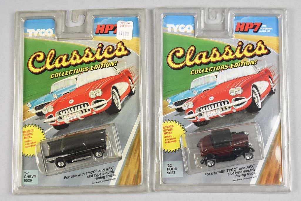 (2) 1992 Slot Car Tyco HP7 Classics Collector's Edition-MOC-NOS: Lot is a pair of 1992 Tyco HP7 Classics Collector's Edition Slot Car-MOC-NOS. Includes a '57 Chevy and '32 Ford. Single owner collection from the largest toy collector on the West Coast.
