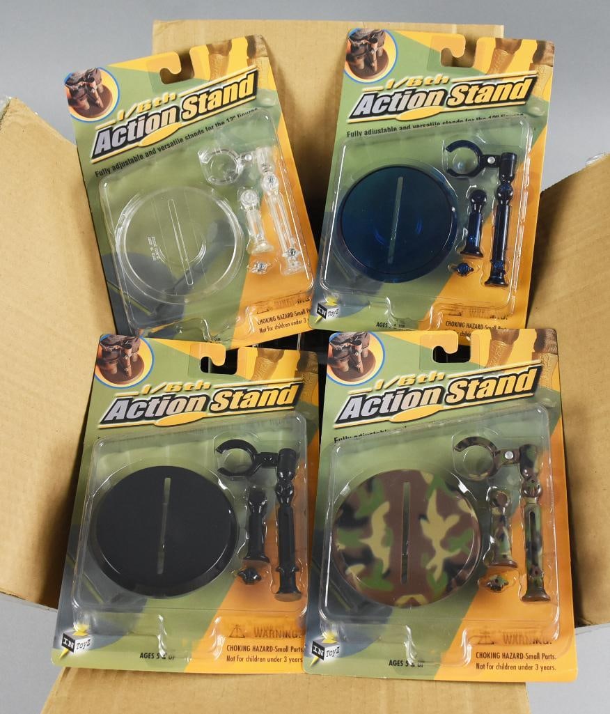 (16) 2000 InToyz 1/6th Action Stands for 12" Figures-MOC-NOS: Lot is 16 2000 InToyz 1/6th Action Stands for 12" Figures-MOC-NOS. Includes four each: black, clear, camouflage and blue. Single owner collection from the largest toy collector on the West Coast.