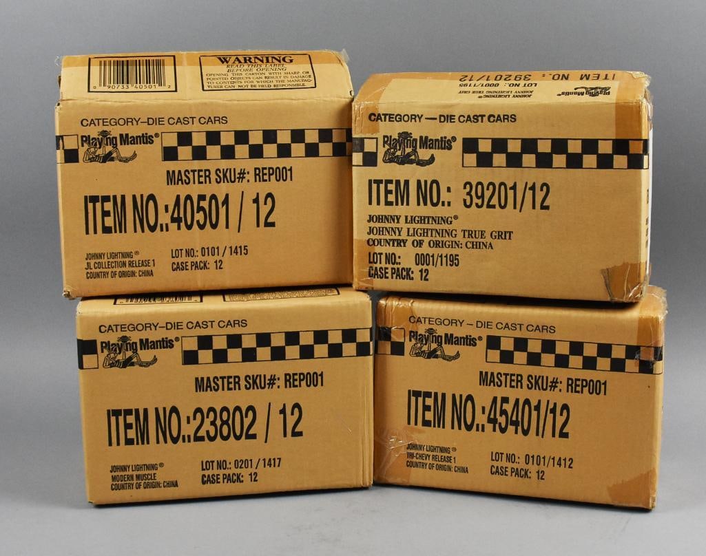 (48) Four Sealed Johnny Lightning Die-Cast Car Cases: This lot features four cases of Johnny Lightning die-cast cars by Playing Mantis. Each case is marked with item numbers and contains 12 individual die-cast cars for a total of 48 vehicles. Included in