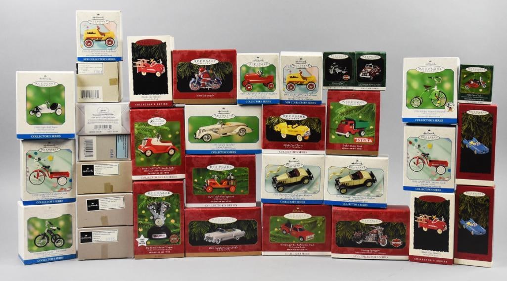 (35) 1990s-2000s Hallmark Keepsake Ornaments-Vehicles-MIB: Lot is 35 1990s-2000s Hallmark Keepsake Ornaments-Vehicles-MIB Including but not limited to bicycles, tricycles, classic cars and more. Single owner collection from the largest toy collector on the We