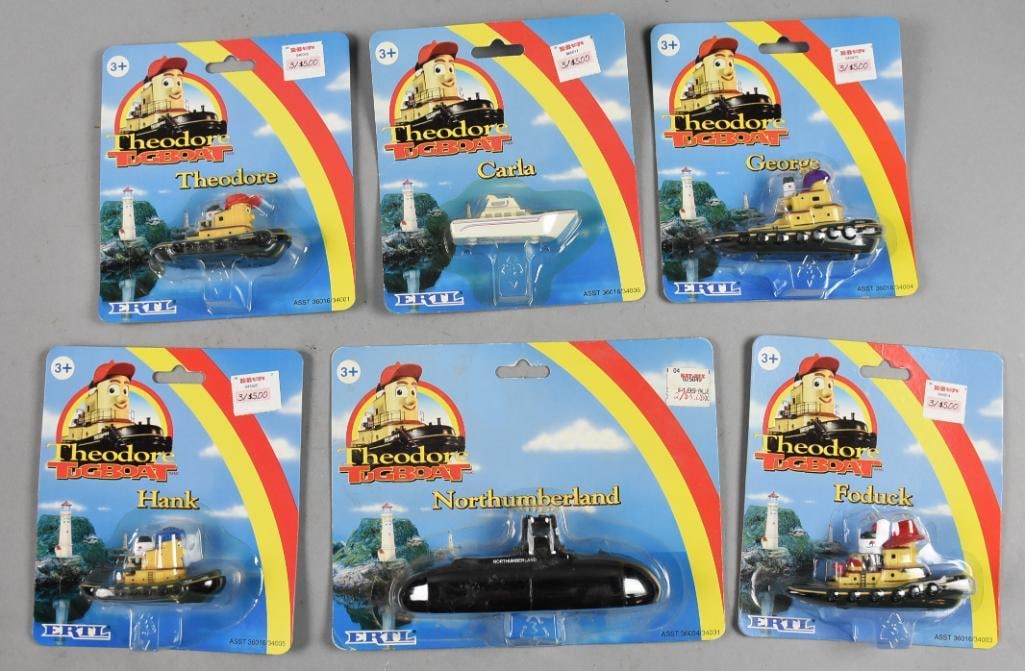 (6) 1998 Ertl Theodore Tugboat Die Cast-MOC-NOS: Lot is six 1998 Ertl Theodore Tugboat Die Cast-MOC-NOS. Includes Hank, Theodore, Carla, George Foduck and Northumberland. Single owner collection from the largest toy collector on the West Coast.