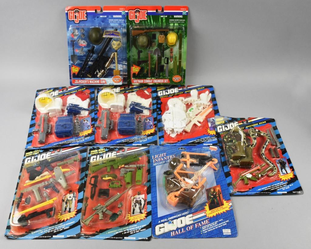 (9) 1992-03, 2000 GI Joe Mission Gear Sets MOC-NOS: Lot is nine 1992-03, 2000 Hasbro GI Joe Mission Gear Sets-MOC-NOS. Includes Light Infantry Mission Gear, Vickers Machine Gun, Swamp Fighter Mission Gear, Urban Swat and more. Single owner collection f