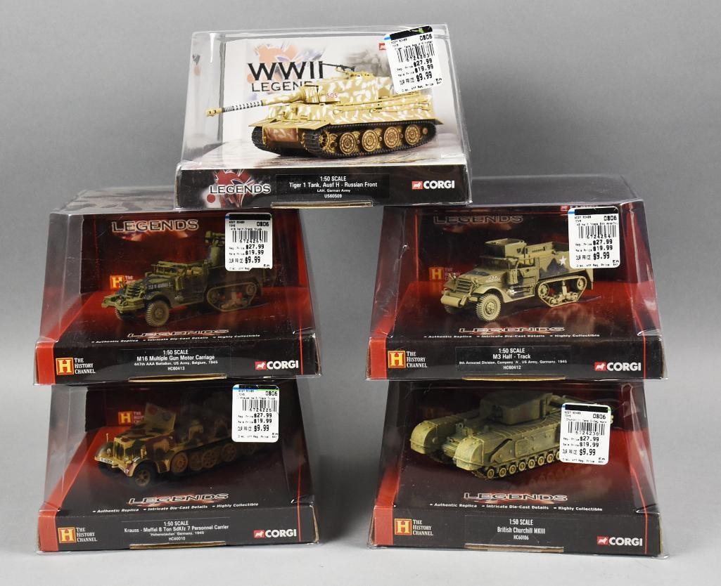 (5) 2004-05 Corgi Legends 1:50 Scale - MIB-NOS: Lot is five 2004-05 Corgi Legends 1:50 Scale - MIB-NOS. Includes Tiger 1 Tank, M3 Half Track, British Churchill MKIII, M16 Multiple Gun Motor Carriage and Krauss Maffei 8 Ton. Single owner collection 