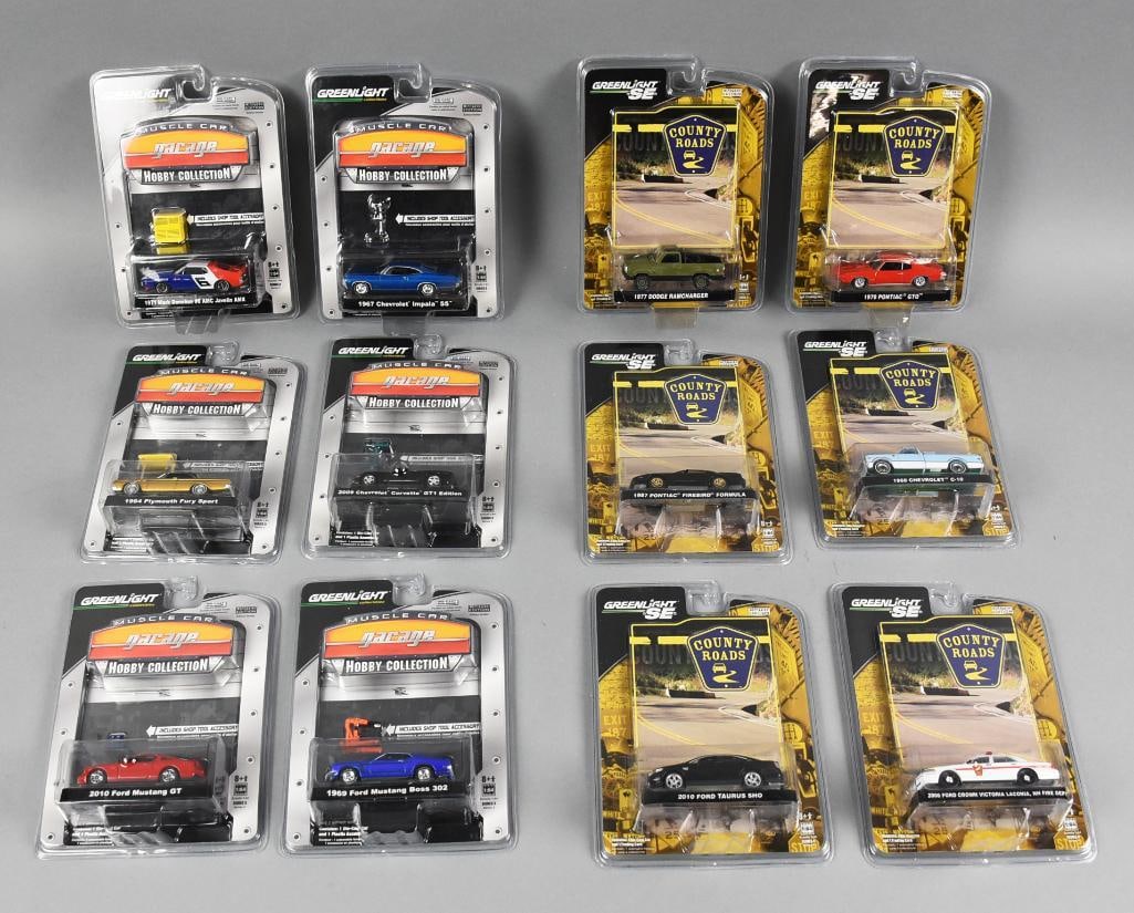 (12) 2010 Greenlight Garage & Country Roads Die-Cast-MOC-NOS: Lot is 12 2010 Greenlight Garage & Country Roads Die-Cast MOC-NOS. Includes Plymouth, Chevy, Ford, Pontiac and Dodge. Good assortment with no duplicates. Single owner collection from the largest toy c