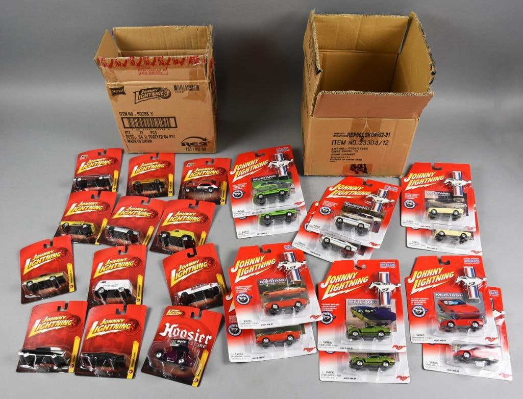 (2) 2004, 11 Johnny Lightning Factory Cases-Open MOC-NOS: Lot is two 2004, 11 Johnny Lightning Factory Cases-Open-MOC-NOS. Includes one case of Mustang, one case with variety. Single owner collection from the largest toy collector on the West Coast.
