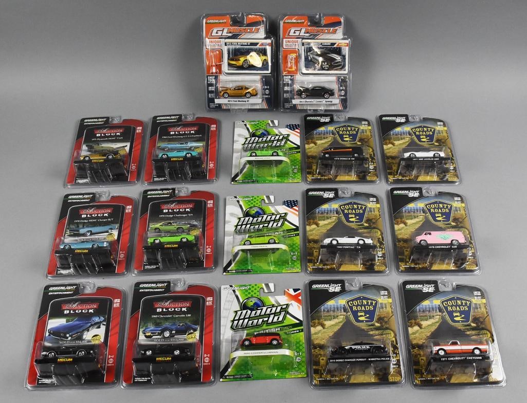 (17) 2000s Greenlight Auction Block, Country Roads PLUS-NOS: Lot includes 1968 Ford Mustang, 1970 Dodge HEMI Charger, 1971 Plymough HEMI Cuda, Mini Cooper Clubman, 1980 Pontiac T/A, 1971 Chevrolet Cheyenne, Dodge Viper and more. One duplicate-variant.