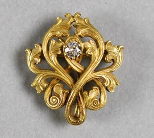 Art Nouveau 22K Yellow Gold and Diamond Brooch