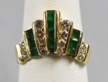 14K Yellow Gold Emerald and Diamond Ring, Signed
