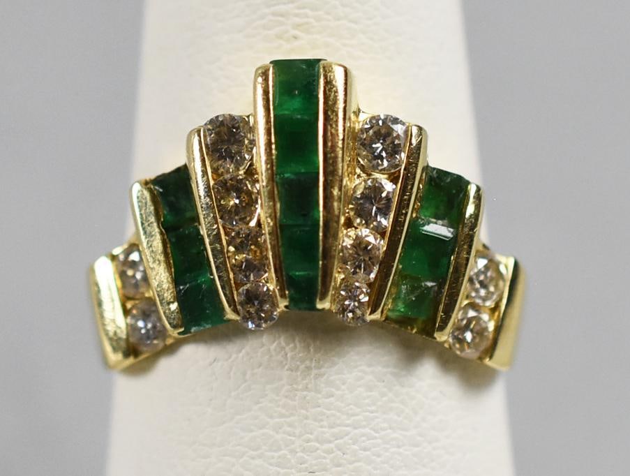 14K Yellow Gold Emerald and Diamond Ring, Signed (1 of 8)
