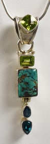 Sterling Turquoise, Peridot & Blue Topaz Pendant Necklace