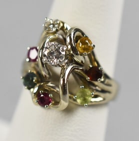 Vintage 14K White Gold w/ Multi Precious Gemstones Ring