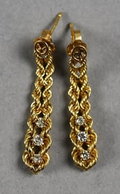 14K Yellow Gold Diamond Rope Chain Dangle Earrings