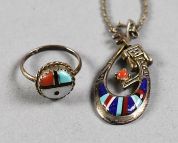 Vintage Zuni Sterling Yei Pendant Necklace, Sun Ring