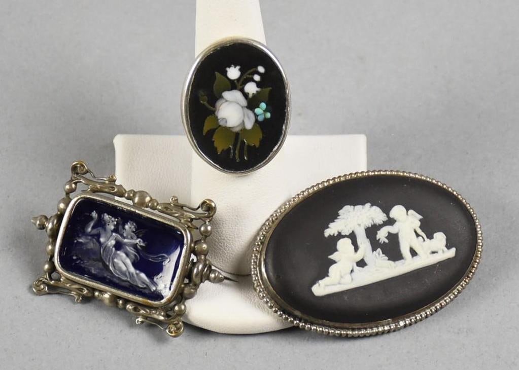 Vintage Sterling and Silver Plate And Pat Sur Pat: Beautiful lot of Victorian jewelry that includes two brooches. One brooch is black jasper Wedgwood, one with lounging woman and cherub in enamel that appears to be silver plate which appears to be Pat