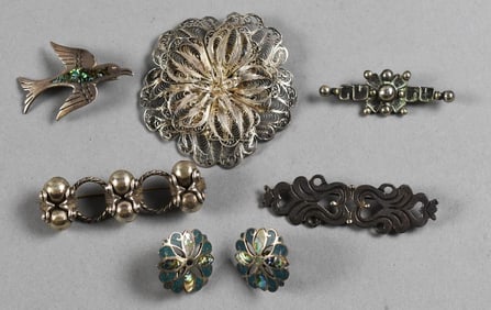 Mexican 980 and Sterling Earrings and Brooch Assortment